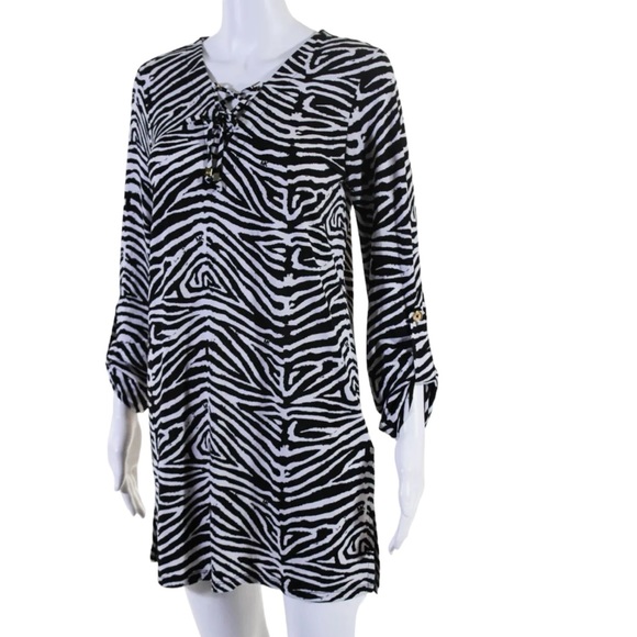 MICHAEL Michael Kors Zebra Print Lace Up V-Neck Black and White Dress - Picture 2 of 8